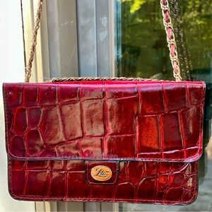 Vintage red leather LW bag, croc pattern, metal and leather braided strap
